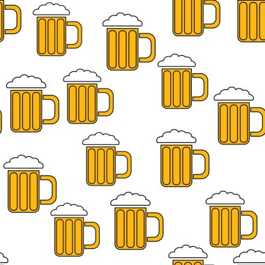 Beyaz zemin üzerinde bir bar lezzetli bira atlama başlı simgeler bira kolları ile Seamless modeli basit soyut alkollü bira cam gözlük. Vektör çizim