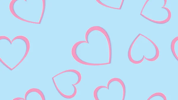 Texture, seamless pattern of pink 3d volumetric hearts cut out of paper with a falling shadow to the day of Saint Valentine and copy space on a blue background. Vector illustration — Stock Vector