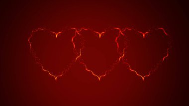 Üç güzel sarı soyut büyülü enerji elektrik ateşli parlak parlayan şenlikli kalpleri vardı kırmızı bir arka plan üzerinde yol açtı. Vektör çizim