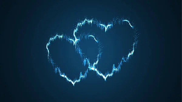 Twee prachtige blauwe scherpe zwaan abstracte magische energie elektrische vurige glanzende gloeiende feestelijke harten met op een blauwe achtergrond vonken. Vectorillustratie — Stockvector