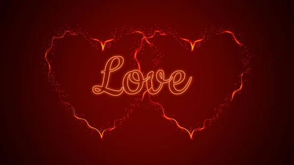 Zwei schöne rote abstrakte magische Energie elektrische feurig glänzende festliche Herzen mit Funken auf rotem Hintergrund und der Inschrift Liebe. Vektorillustration — Stockvektor