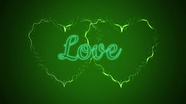 Zwei schöne grüne abstrakte magische Energie elektrische feurig glänzende festliche Herzen mit Funken auf grünem Hintergrund und der Inschrift Liebe. Vektorillustration — Stockvektor