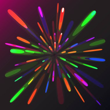 Çok renkli soyut parlayan Festival Selam, havai fişek, büyülü enerji, parlak elektrik kozmik hatları, çizgili, renkli bir arka plan üzerinde ışık ışınları ateşli. Vektör çizim. Doku