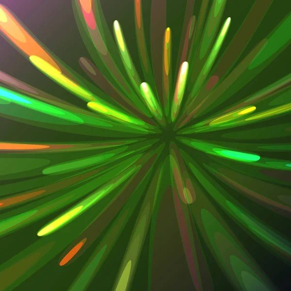 Bunte abstrakte leuchtende festliche Gruß, Feuerwerk, magische Energie, brillante elektrische kosmische Feuer von Linien, Streifen, Lichtstrahlen auf einem farbigen Hintergrund. Vektorillustration. Textur — Stockvektor