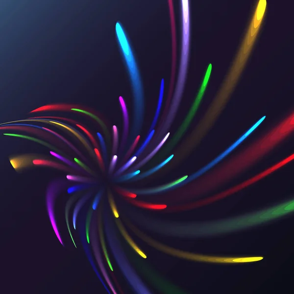 色とりどりの抽象的な輝くお祝い敬礼 魔法のエネルギー 華麗な電気宇宙線 ストライプ 色付きの背景上の光の光線の燃えるような ベクトルの図 テクスチャ — ストックベクタ