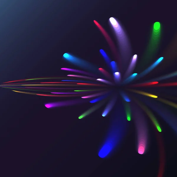 Veelkleurige abstracte gloeiende feestelijke groet, vuurwerk, magische energie, briljante elektrische kosmische vurige van lijnen, strepen, stralen van licht op een gekleurde achtergrond. Vectorillustratie. Textuur — Stockvector