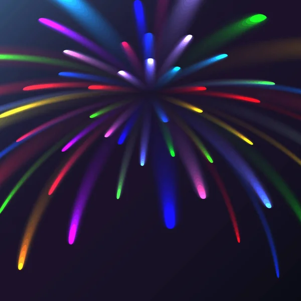 Veelkleurige abstracte gloeiende feestelijke groet, vuurwerk, magische energie, briljante elektrische kosmische vurige van lijnen, strepen, stralen van licht op een gekleurde achtergrond. Vectorillustratie. Textuur — Stockvector