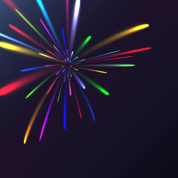 Bunte abstrakte leuchtende festliche Gruß, Feuerwerk, magische Energie, brillante elektrische kosmische Feuer von Linien, Streifen, Lichtstrahlen auf einem farbigen Hintergrund. Vektorillustration. Textur — Stockvektor