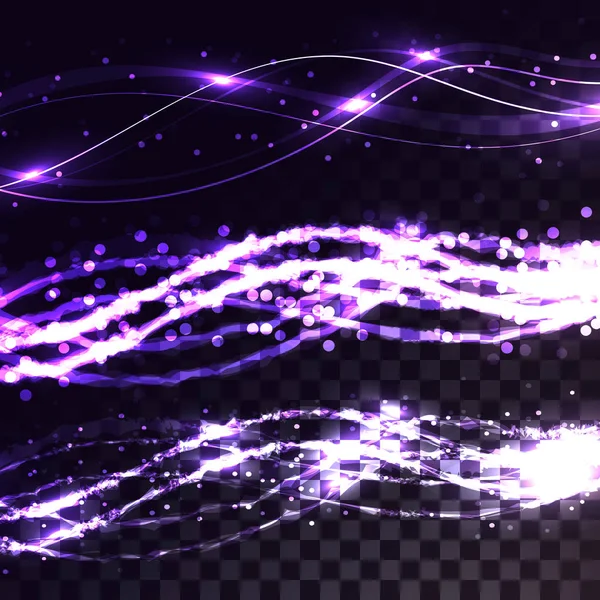 Набор красивых абстрактных прозрачных фиолетовых космических магических линий электрической энергии волн на полупрозрачном темном к клетчатом черном фоне из квадратов. Векторная иллюстрация — стоковый вектор