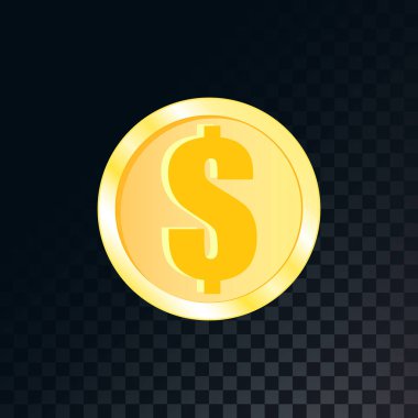 Güzel parlak altın yuvarlak dolar sikke üzerinde bir yarı saydam karanlık kare siyah arka plan kareler. Vektör çizim