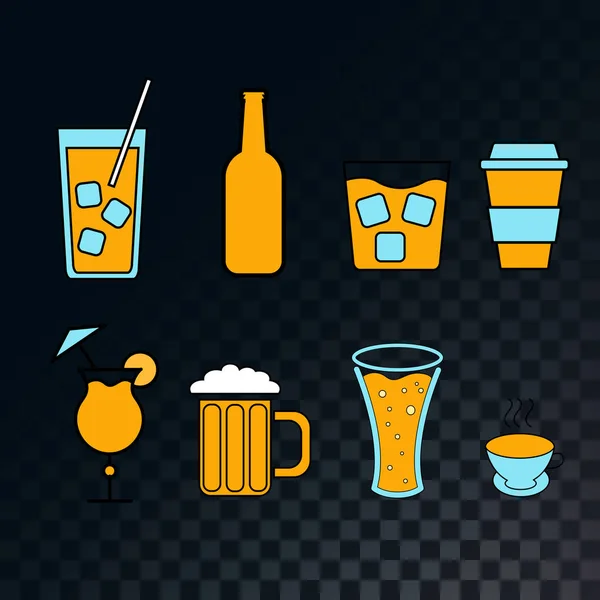 Conjunto de ícones para um bar de coquetéis, cerveja, copos, café, chá, canecas, garrafas de uísque em um fundo preto escuro e quadriculado translúcido de quadrados. Ilustração vetorial —  Vetores de Stock