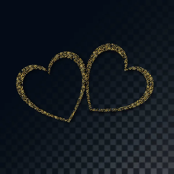 Belos dois corações festivos brilhantes dourados com brilhos glamourosos em um fundo preto escuro e quadrado translúcido de quadrados. Ilustração vetorial — Vetor de Stock