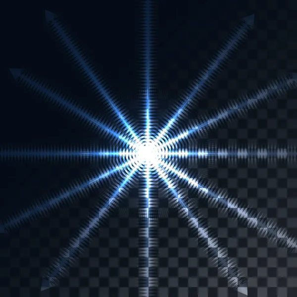 Blu raggio di sole trasparente incandescente, lampo, un clou di raggi di energia, una stella su un buio traslucido in uno sfondo nero a scacchi da quadrati. Illustrazione vettoriale — Vettoriale Stock