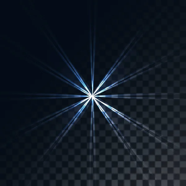 Blau leuchtender transparenter Sonnenstrahl, Blitz, ein Glanzpunkt der Energiestrahlen, ein Stern auf einem transluzenten Dunkel vor einem karierten schwarzen Hintergrund aus Quadraten. Vektorillustration — Stockvektor