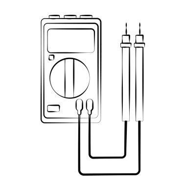 Küçük bir siyah ve beyaz elektrik ölçer, test cihazı, dijital multimetre, AC, DC voltaj, akım, direnç, kablolama hasarı ve bağlantıları ölçmek için. İnşaat Aracı. Vektör