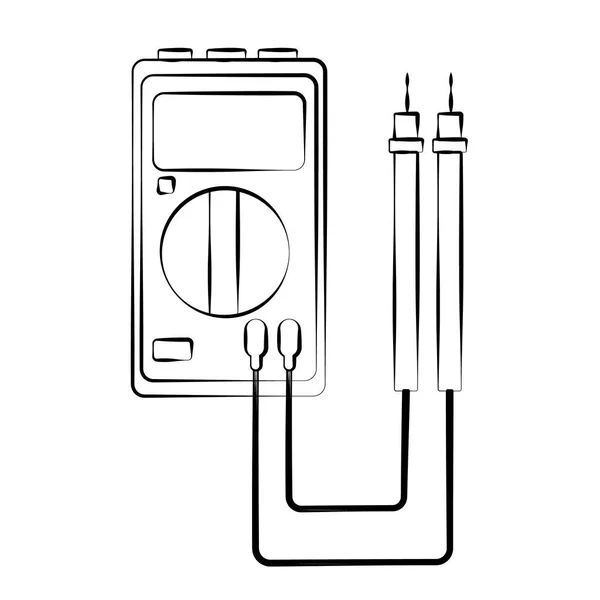 Un pequeño medidor de electricidad en blanco y negro, probador, multímetro digital, para medir CA, voltaje de CC, corriente, resistencia, daños en el cableado y conexiones. Herramienta de construcción. Vector — Vector de stock