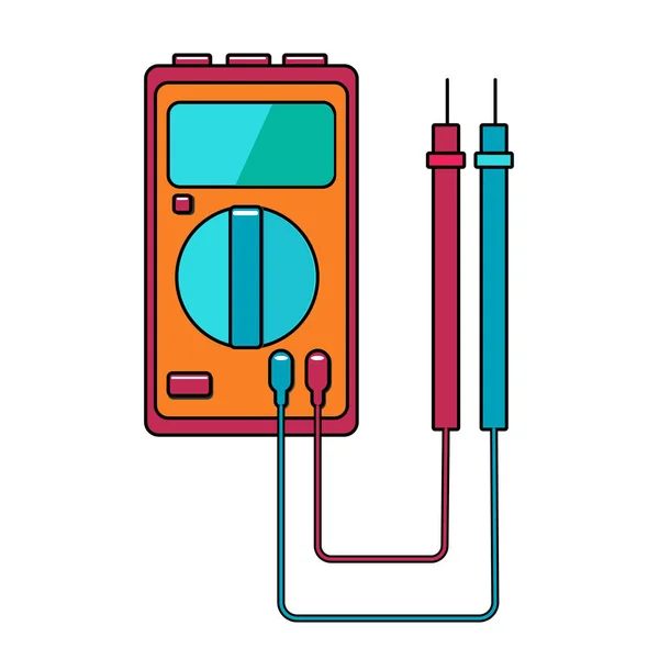 Um pequeno medidor de eletricidade azul vermelho, testador, multímetro digital, para medir tensão CA, CC, corrente, resistência, danos de fiação e conexões. Ferramenta de construção. Ilustração vetorial — Vetor de Stock