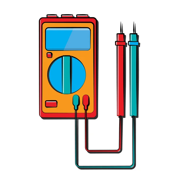 En liten röd blå El mätare, testare, digital multimeter, för att mäta AC, DC-spänning, ström, motstånd, ledningar skador och anslutningar. Bygg verktyg — Stock vektor