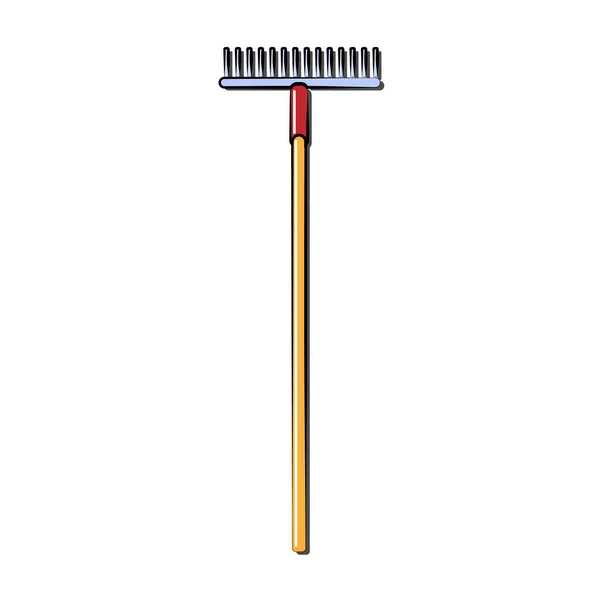 Construction yellow and red icon of an agricultural rake by a wooden handle intended for cleaning leaves. Construction tool. Vector illustration — Stock Vector