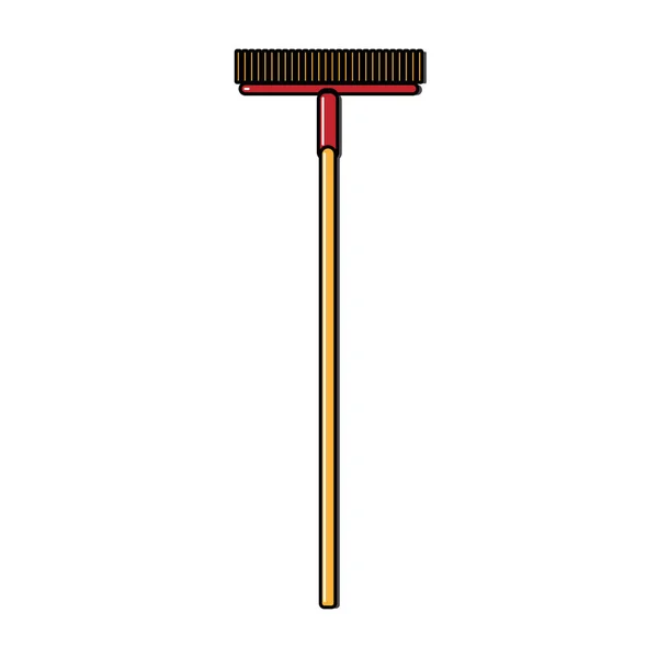 Costruzione gru-icona gialla di un lungo mocio, spazzole con manico in legno progettato per la pulizia, lavaggio pavimenti. Attrezzo da costruzione. Vettore — Vettoriale Stock