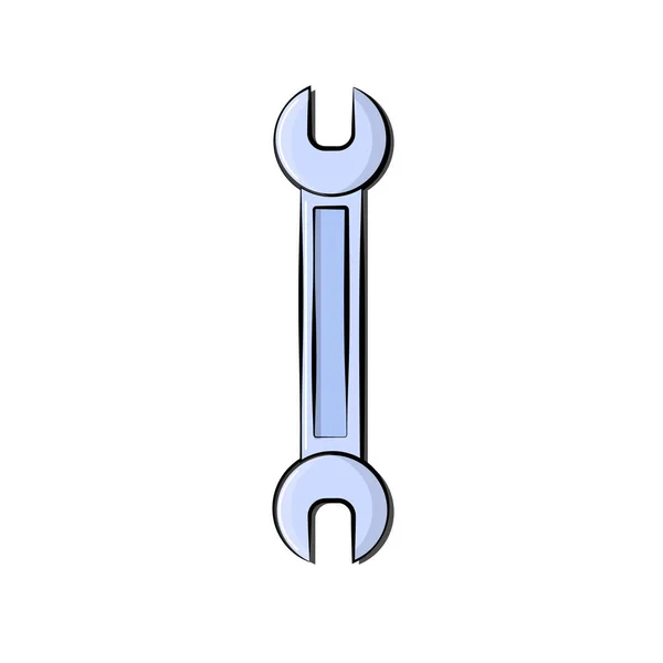 Icono azul de construcción de una llave de extremo abierto diseñada para apretar y aflojar tuercas y pernos para la reparación. Herramienta metalúrgica de construcción. Ilustración vectorial — Vector de stock