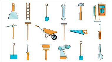 İnşaat, sıhhi tesisat, Bahçe, onarım, araçlar için simgeler büyük bir dizi: kürek, anahtarlar Multimetre, testere, çekiç, fırça, paspas, Komisyon, vagon, spatula, tornavida, kazma, merdiven. Vektör Illustration