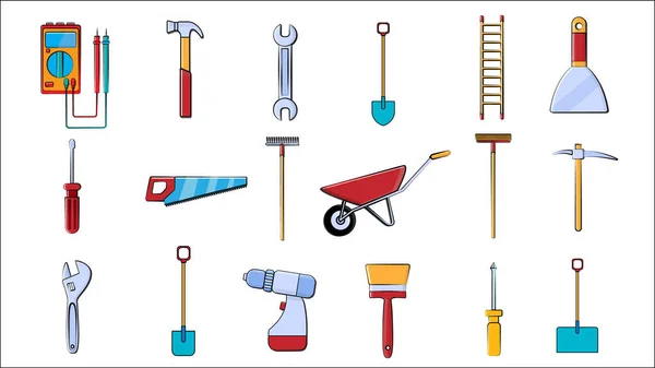 Большой набор инструментов для строительства, сантехники, сада, ремонта, инструментов: сапоги, ключи мультиметр, пила, молоток, щетка, швабра, рейка, тролли, шпатель, отвертка, пикап, лестница. Векторная иллюстрация — стоковый вектор