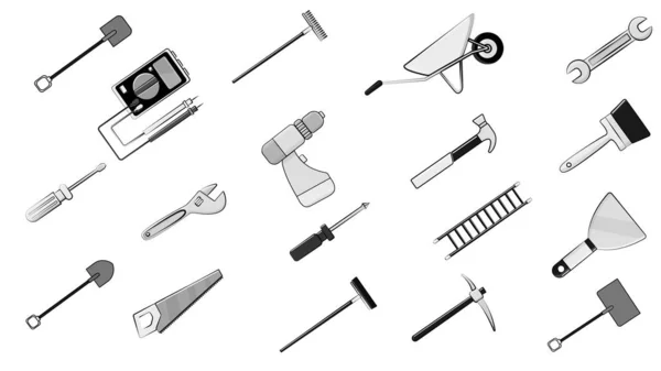 Conjunto de iconos en blanco y negro para construcción, fontanería, jardín, reparación, herramientas: pala, multímetro de llaves, sierra, martillo, cepillo, fregona, rastrillo, carro, espátula, destornillador, pico, escalera. Vector — Vector de stock