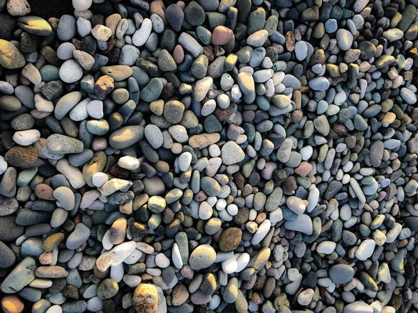 Textura de muitas pedras naturais lisas redondas e ovais bonitas multicoloridas, seixos. O fundo — Fotografia de Stock