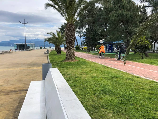 Οι άνθρωποι οδηγούν ένα ποδήλατο κατά μήκος ενός δρόμου με πράσινα φοίνικες σε ένα πάρκο στο ζεστό τροπικό θαλάσσιο θέρετρο του καλοκαιριού. Γεωργία, Τιφλίδα, 16 Απριλίου 2019 — Φωτογραφία Αρχείου