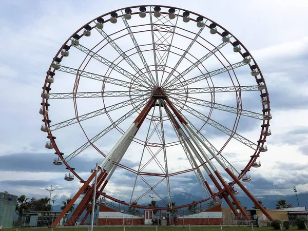 Büyük yuvarlak güzel dönme dolap, mavi bir gökyüzüne karşı palmiye ağaçları ile tropikal bir deniz sıcak yazlık bir parkta panoramik bir platform — Stok fotoğraf