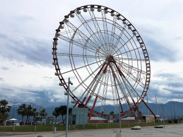 Una gran noria redonda hermosa, una plataforma panorámica en un parque en un complejo tropical de verano cálido mar con palmeras contra un cielo azul — Foto de Stock