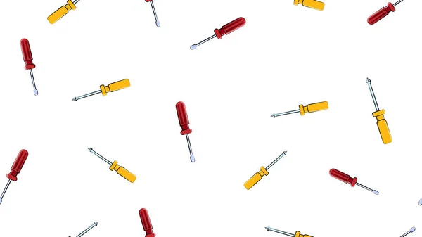 Texture, seamless abstract pattern of metal construction plastic yellow and red screwdrivers for repair, tool on white background. Vector illustration — Stock Vector