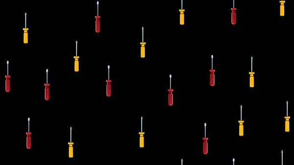 Tekstura, bezszwowy abstrakcyjny wzór metalowej konstrukcji plastikowej żółtej i czerwonej wkrętaków do naprawy, narzędzie na czarnym tle. Ilustracja wektorowa — Wektor stockowy