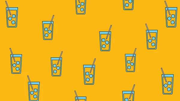 Textura sem costura padrão de belo agradável saboroso bebidas alcoólicas refrescantes coquetéis com palha e gelo em um fundo laranja amarelo. Ilustração vetorial —  Vetores de Stock