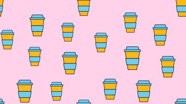 Pembe arka plan üzerinde hızlı paket termo bardak güzel güzel lezzetli serinletici kahve içecekler bir dizi doku sorunsuz desen. Vektör çizimi