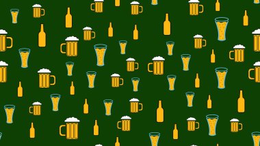 Bardaklar, yeşil bir arka plan üzerinde şişeler açık ve koyu malt köpük bira şerbetçiotu iyi lezzetli serinletici alkollü içecekler bir dizi doku sorunsuz desen. Vektör çizimi