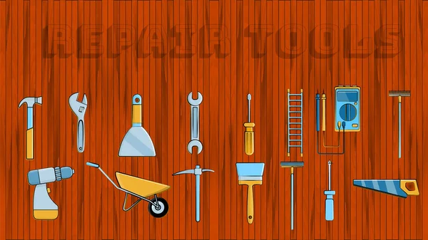 Sada ikon budov pro instalatérské zahradní nářadí: Lopatka na kladivo kartáč na vozík špachtle, šroubovák na dřevěné pozadí s nástrojem pro opravu nápisu. Vektorová ilustrace — Stockový vektor