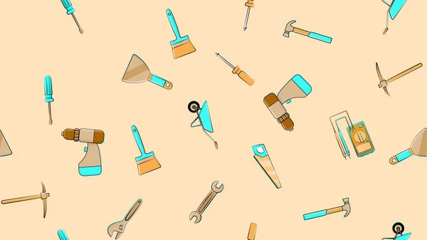 Texture, seamless pattern from a set of construction tools for repair: hammer, shovel, screwdriver, wrench, tester, brush, saw, trolley, trowel, ladder on a beige background. Vector illustration — Stock Vector