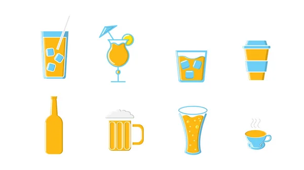 Conjunto de ícones de bebidas alcoólicas e não alcoólicas garrafas e canecas de chá coquetéis de cerveja café e vodka de uísque com gelo em um fundo branco. Ilustração vetorial —  Vetores de Stock