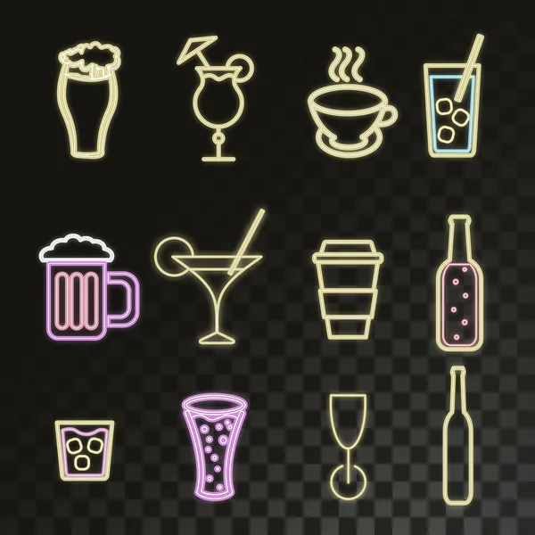 Un gran conjunto de neón de bebidas alcohólicas abstractas brillantes, cócteles, cerveza, vodka, vino, whisky, café y té. Ilustración vectorial — Vector de stock