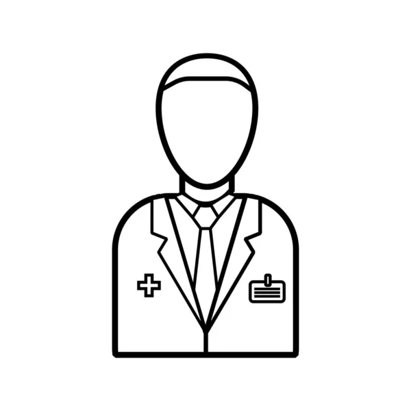 배지가있는 흰색 코트의 남성 의사, 환자의 질병 치료를위한 건강 노동자, 흰색 배경에 간단한 흑백 아이콘. 벡터 일러스트레이션 — 스톡 벡터