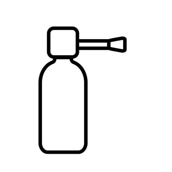 Malá lékařská farmaketická stříkací sklenice v nádobě s trubicí pro léčbu nemocí nosu a krku, jednoduchá černá a bílá ikona na bílém pozadí. Vektorová ilustrace — Stockový vektor