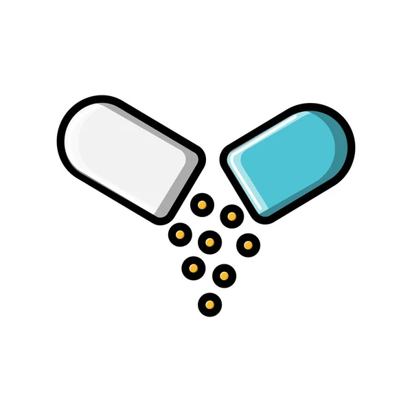 Uma pequena cápsula médica aberta com derramamento em medicina com vitaminas para tratar as pessoas, um ícone em um fundo branco. Ilustração vetorial —  Vetores de Stock