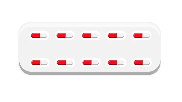 Hermosas placas médicas rojas y blancas con píldoras de dos colores cápsulas con polvo de medicina para el tratamiento de enfermedades farmacéuticas en envases sobre un fondo blanco. Ilustración vectorial — Archivo Imágenes Vectoriales