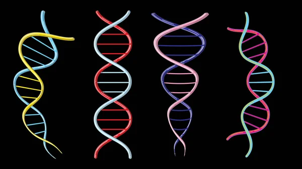 Soubor čtyř barevných nádherných lékařských vědeckých struktur se spirálové spirály abstraktních modelů DNA genů na černém pozadí. Vektorová ilustrace — Stockový vektor