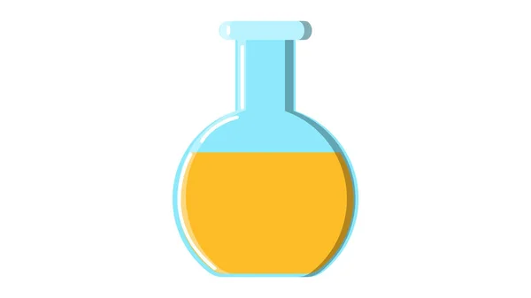 Mooie medische gele ronde glazen chemische kolf reageerbuis met vloeistof voor onderzoek wetenschappelijk uitvoeren van experimenten en het maken van medicijnen op een witte achtergrond. Vector illustratie — Stockvector