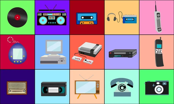 Um belo grande conjunto de itens retro de tecnologia de eletrônicos antigos hipster vintage dos anos 70, 80, 90 no fundo de quadrados coloridos. Ilustração vetorial —  Vetores de Stock