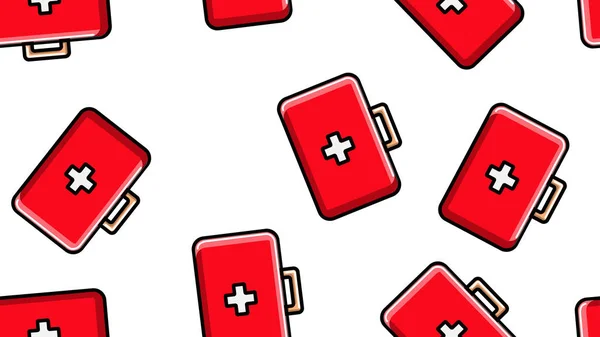 Texture sans couture des trousses de premiers soins pharmaceptiques médicales rouges avec médicaments, médicaments sur fond blanc. Illustration vectorielle — Image vectorielle