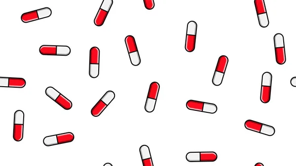 Textura de patrón sin costuras de píldoras farmacéuticas rojas ovaladas blancas y rojas con medicamentos, medicamentos, vitaminas sobre un fondo blanco. Ilustración vectorial — Vector de stock